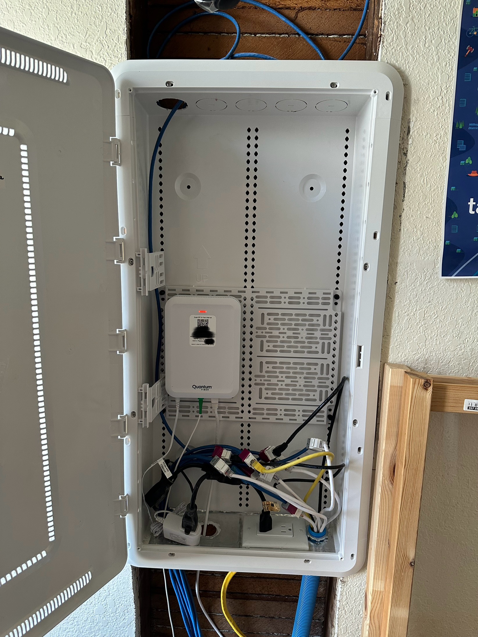 Photo of a Legrand On-Q structured wiring enclosure with a Quantum Fiber C5500XK ONT and a mess of wires.