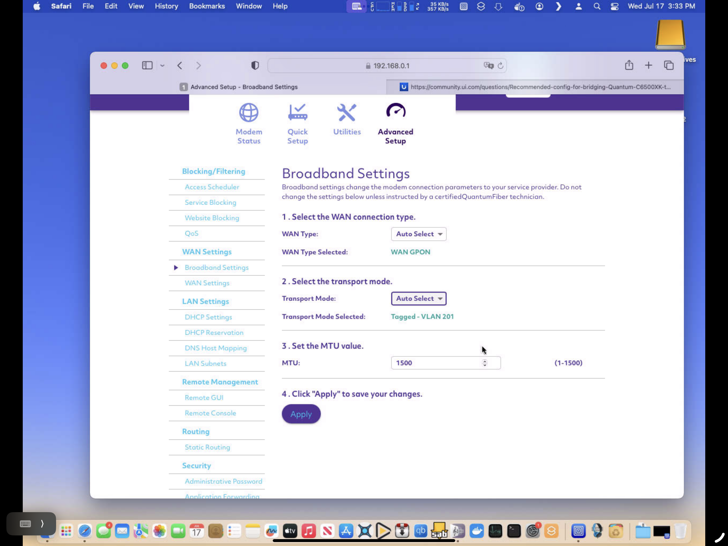 Screenshot of the configuration page for the Quantum Fiber C5500XK ONT